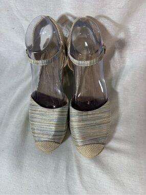 Striped Neutral Espadrille Wedge Sandals with Ankle Strap